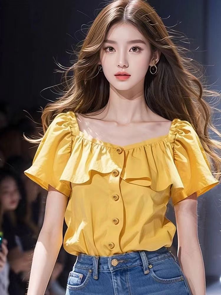 黄色方领泡泡袖短袖衬衫女装2024夏季新款设计感茶里茶气小衫上衣