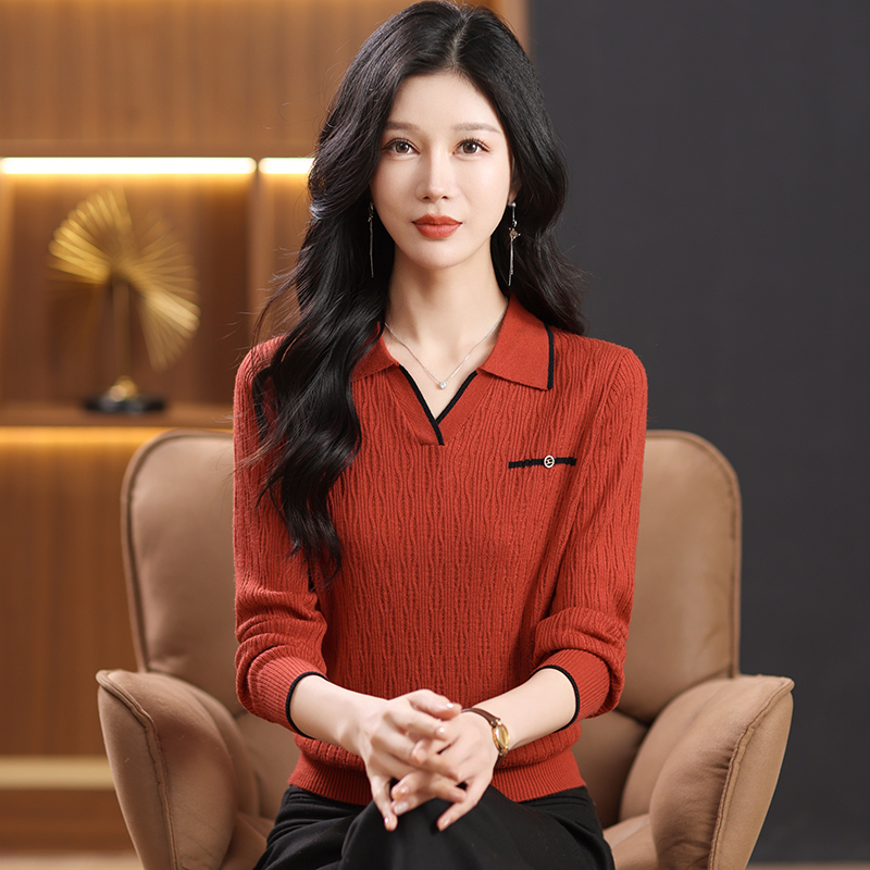 2025春秋款翻领女针织衫纯色百搭修身洋气休闲宽松上衣长袖时尚