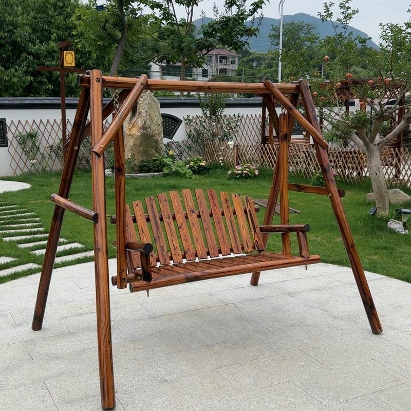 优木潼大号防腐木三人位实木秋千休闲庭院户外摇椅阳台防腐木吊椅