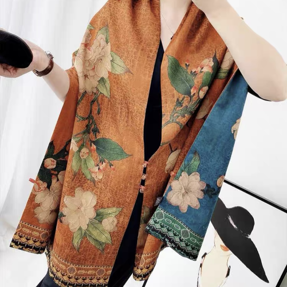 【梨花渡】香云花萝双层双面盘扣披肩秋冬保暖手绘大方气质时尚百搭