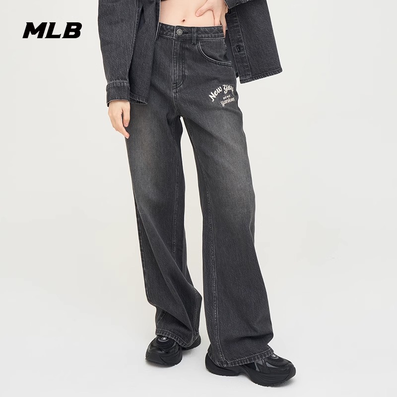 MLB女款学院风牛仔长裤运动休闲宽松阔腿裤子25新款3FDPV0144