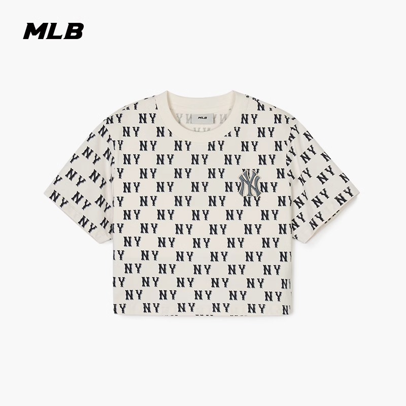 MLB女款满印老花短款T恤宽松刺绣立体logo圆领休闲短袖 3FTSM1843