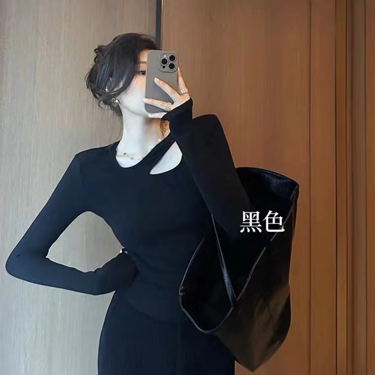 7306#纯欲辣妹黑色紧身长袖衫女秋冬设计感锁骨T恤内搭镂空上衣潮
