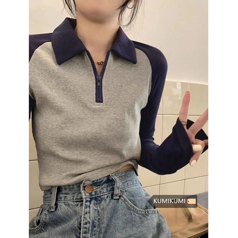 8890#辣妹正肩长袖T恤女秋2025设计感小众修身打底衫上衣polo秋衣