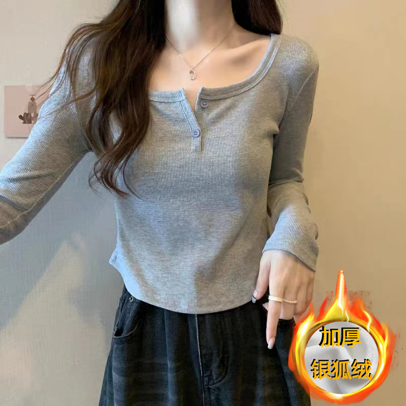 9060#半开领辣妹修身加绒t恤女打底衫秋冬季纽扣保暖内搭长袖上衣