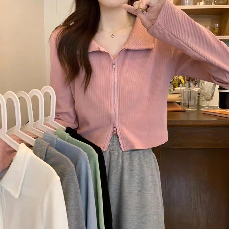 8883#POLO领长袖t恤女秋冬纯欲风辣妹设计感小众别致独特短款上衣