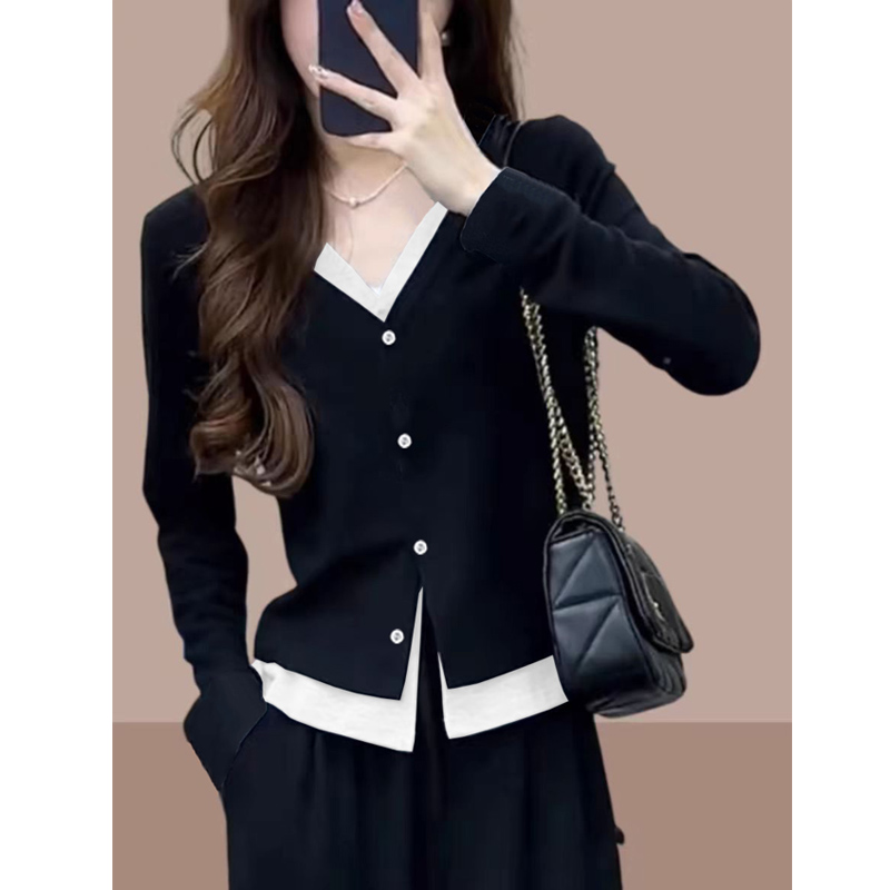 8938#欧货假两件开衫女2025春秋高级感黑色v领打底衫内搭短款上衣