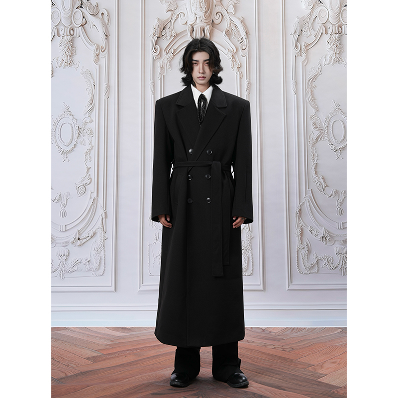 BALITONE“曼哈顿乐章”原创黑色束腰长款毛呢大衣垫肩绒感呢外套