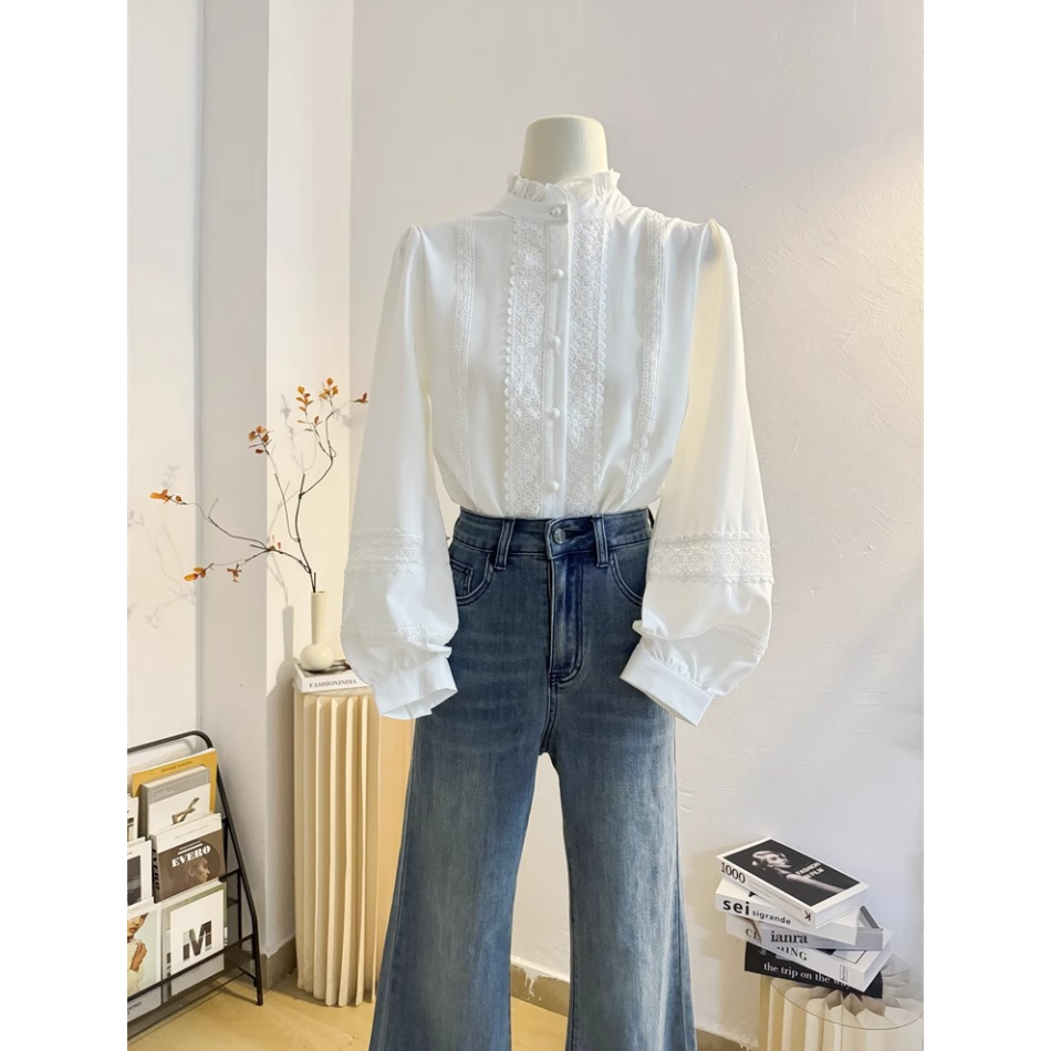 蕾丝花边拼接白色木耳立领衬衫女2024秋洋气内搭灯笼长袖小衫上衣