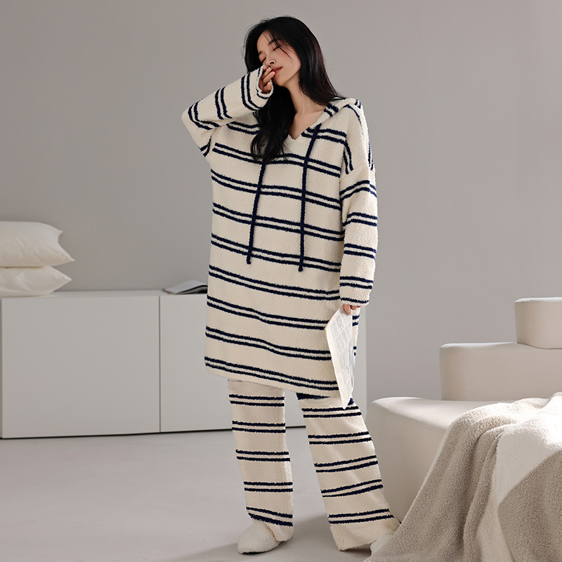半边绒冬天睡衣女套头宽松连帽套装冬季加绒加厚保暖可外穿家居服