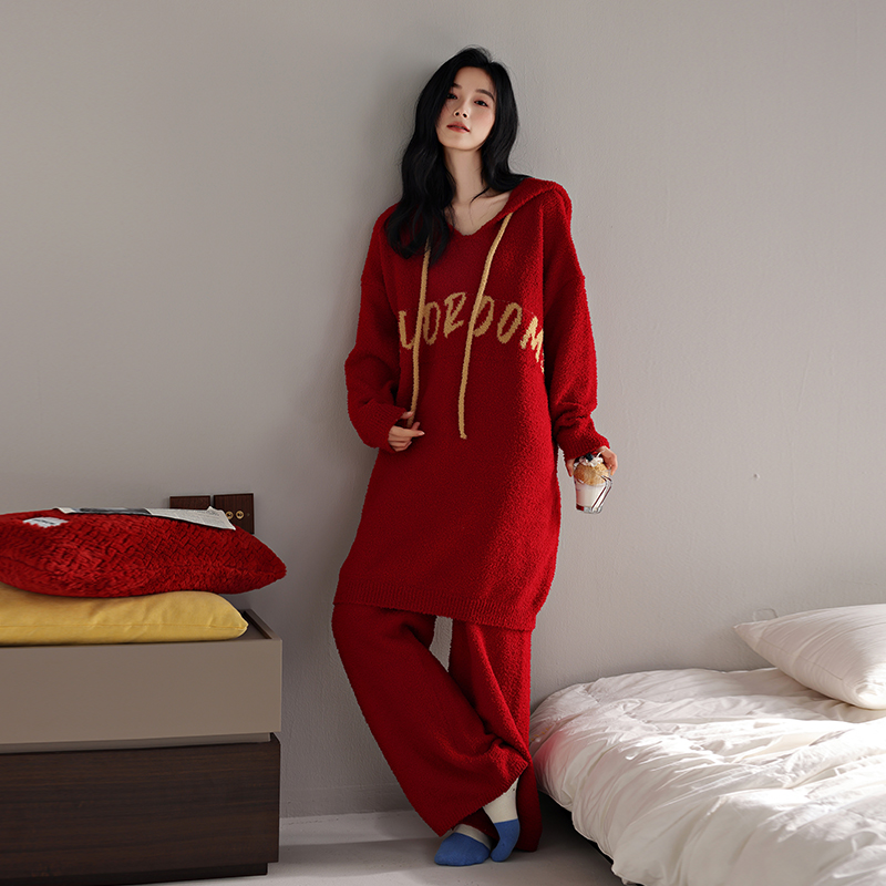半边绒冬季睡衣女红色本命年宽松慵懒连帽两件套装秋冬保暖家居服