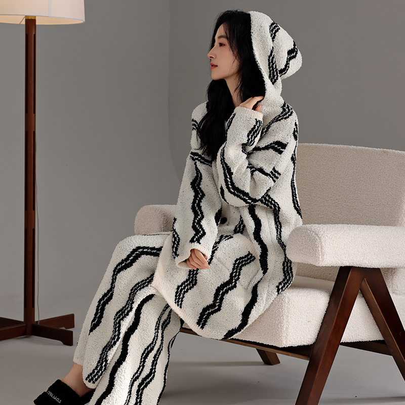 半边绒秋冬季睡衣女条纹连帽套装冬天宽松慵懒加绒加厚保暖家居服