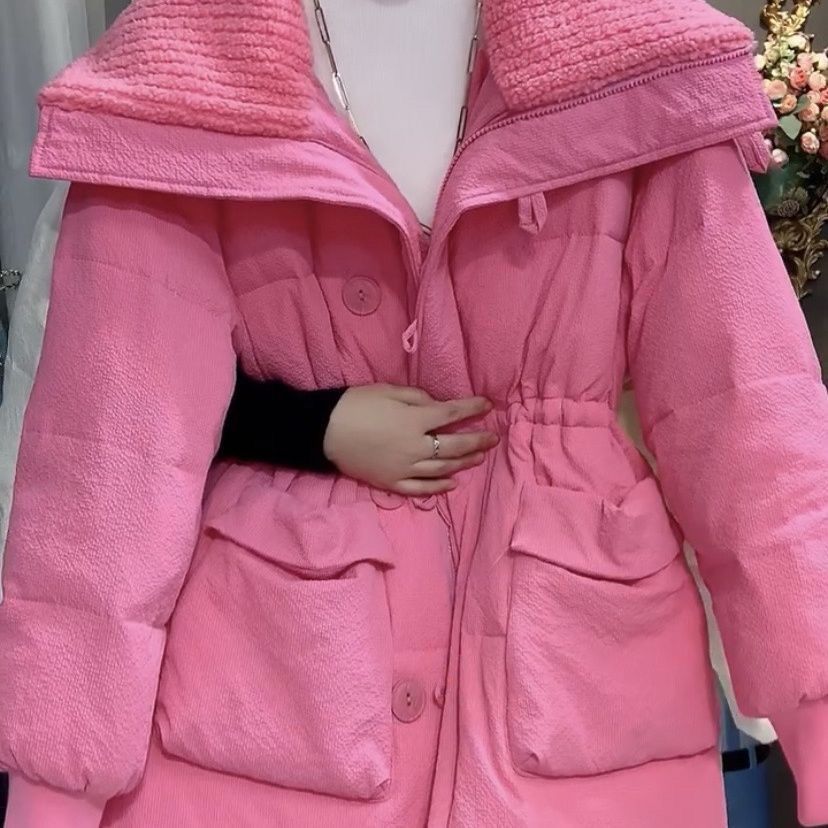 羊羔毛大翻领羽绒服女冬季中长款加绒加厚收腰显瘦洋气爆款外套