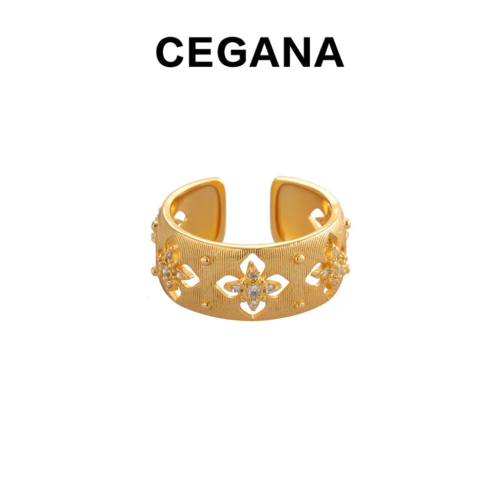 铜合金合成锆石戒指 CEGANA小众戒指幸运草轻奢蕾丝戒指开口可调