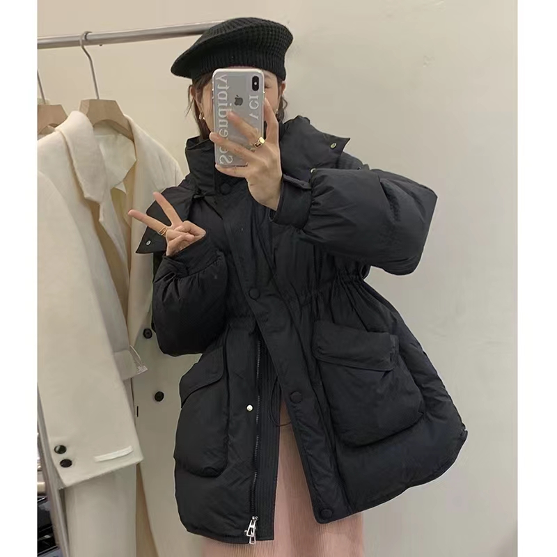2023新款韩版中长款大口袋腰间抽绳白鸭绒羽绒服