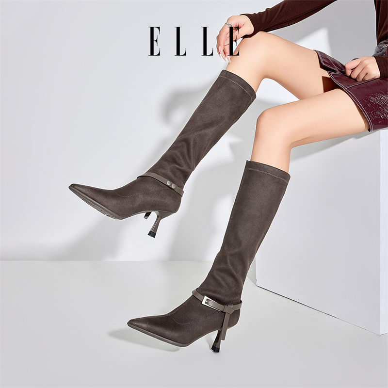 ELLE小香风细跟长靴女尖头长筒靴不过膝高筒靴显瘦骑士弹力瘦瘦靴
