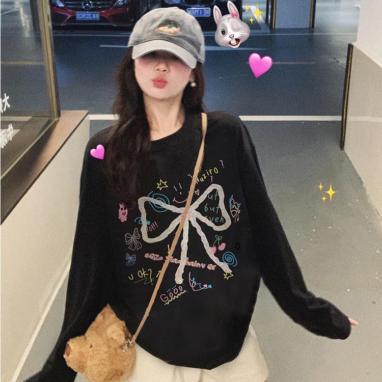 韩系蝴蝶结印花薄款长袖T恤女2025新款宽松黑色打底衫早秋上衣ins