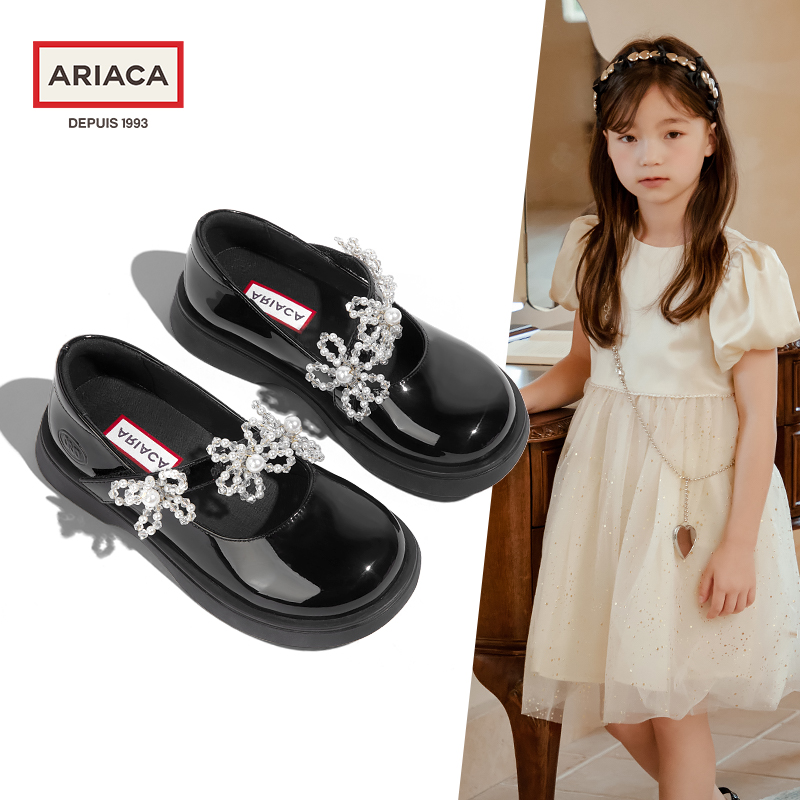 ARIACA女童黑色公主皮鞋2022春秋新款浅口软底真皮单鞋时尚儿童鞋