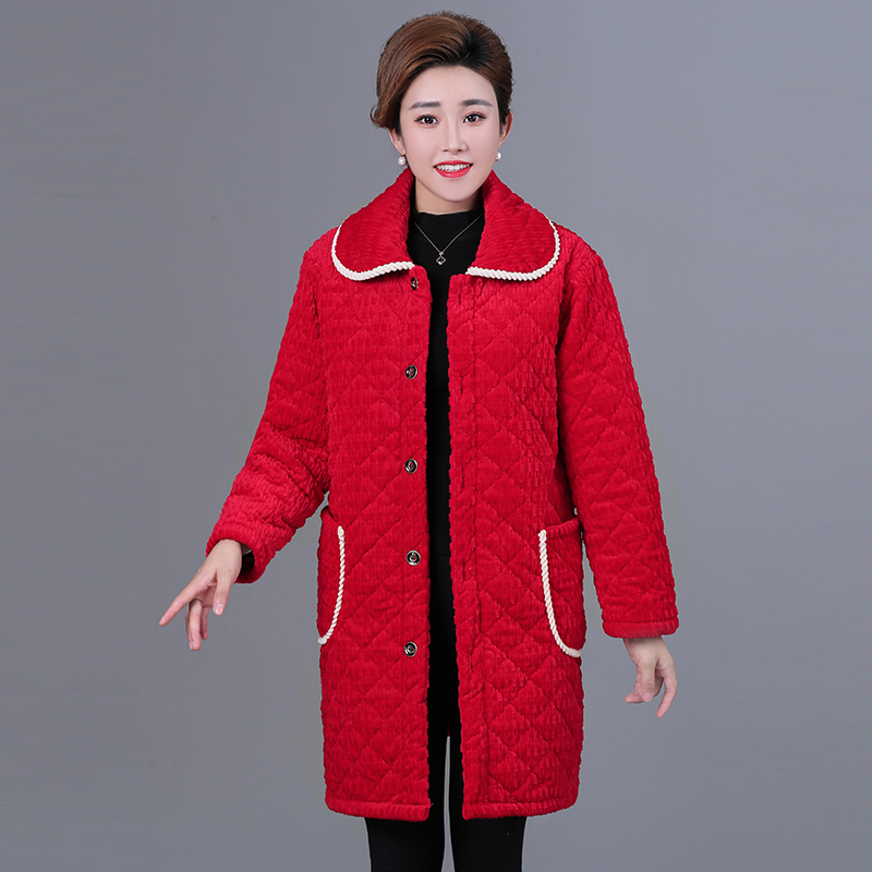 六荷2025秋冬季中老年新款加绒夹棉衣镶边外套妈妈棉袄中长款保暖