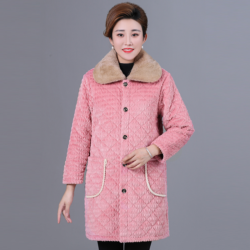 六荷2024秋冬季中老年冬季加绒加厚夹棉衣毛领款妈妈棉袄中长款