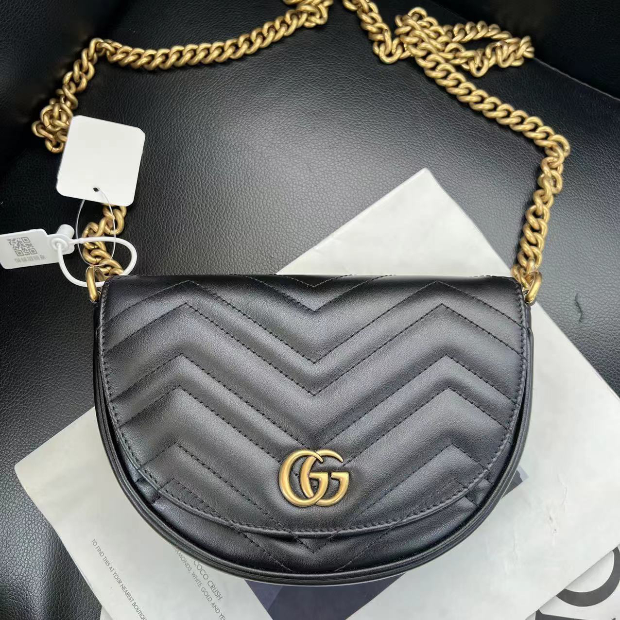 95新 GUCCI/古驰 捐金沉珠/黑色半月马鞍包