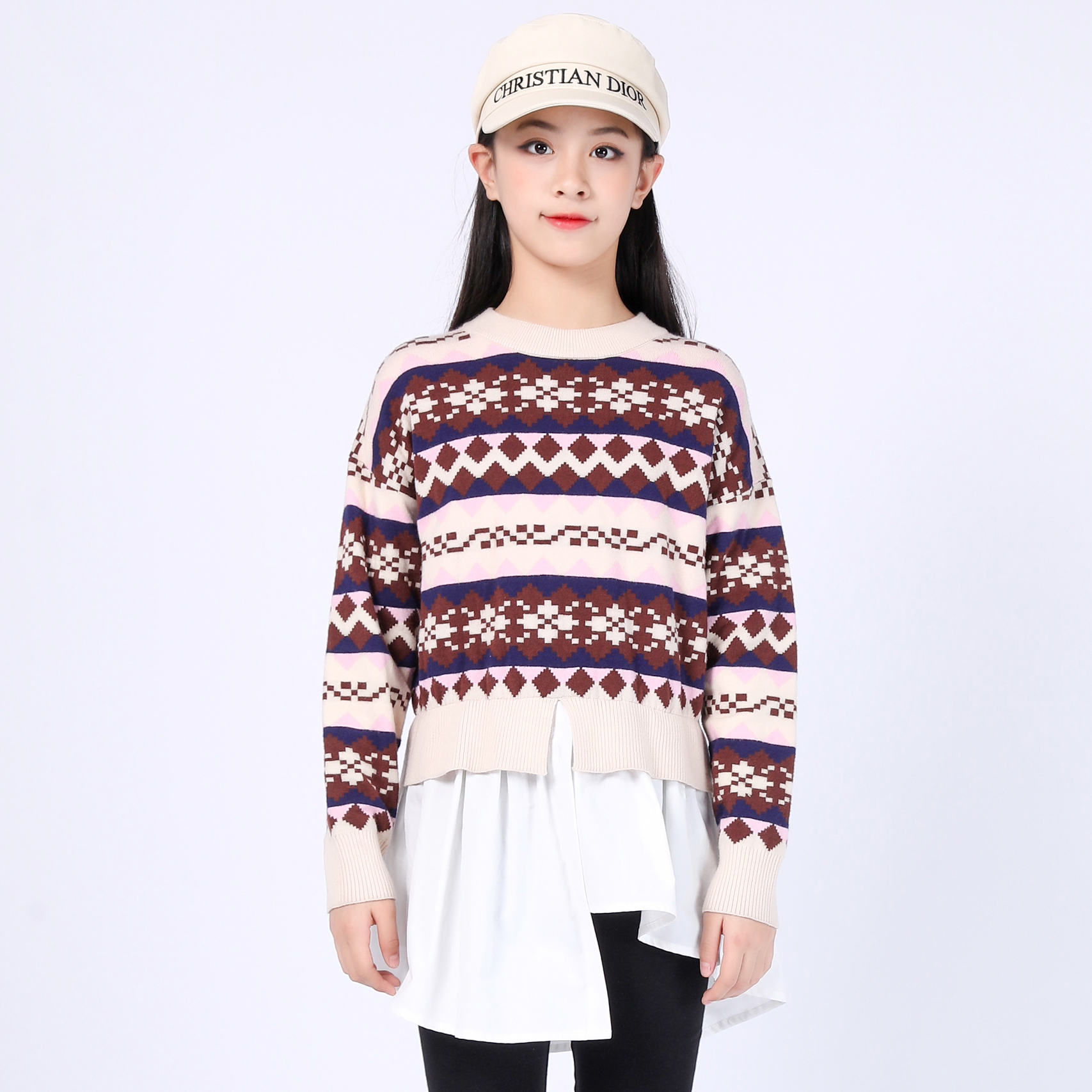 321225211女童圆领下摆拼接花色毛衣长袖打底针织衫（YIHAO）