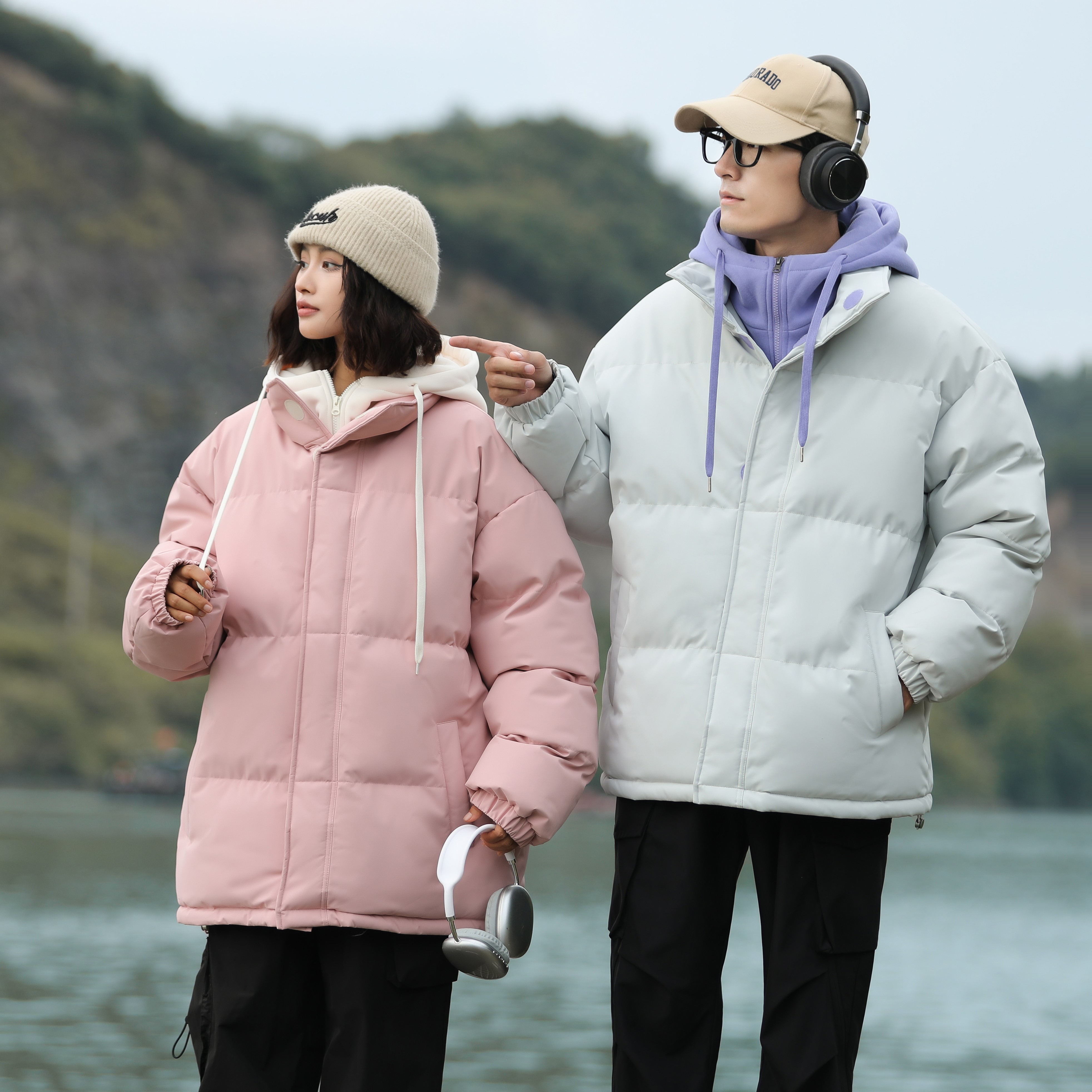 户外运动加厚保暖棉衣外套男女同款冬季棉服假两件潮流韩版百搭H