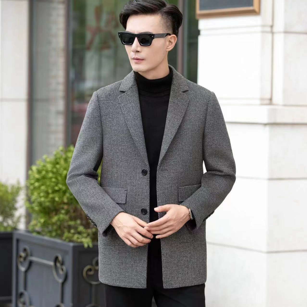 男士秋冬中长款毛呢大衣商务休闲加厚保暖西装外套