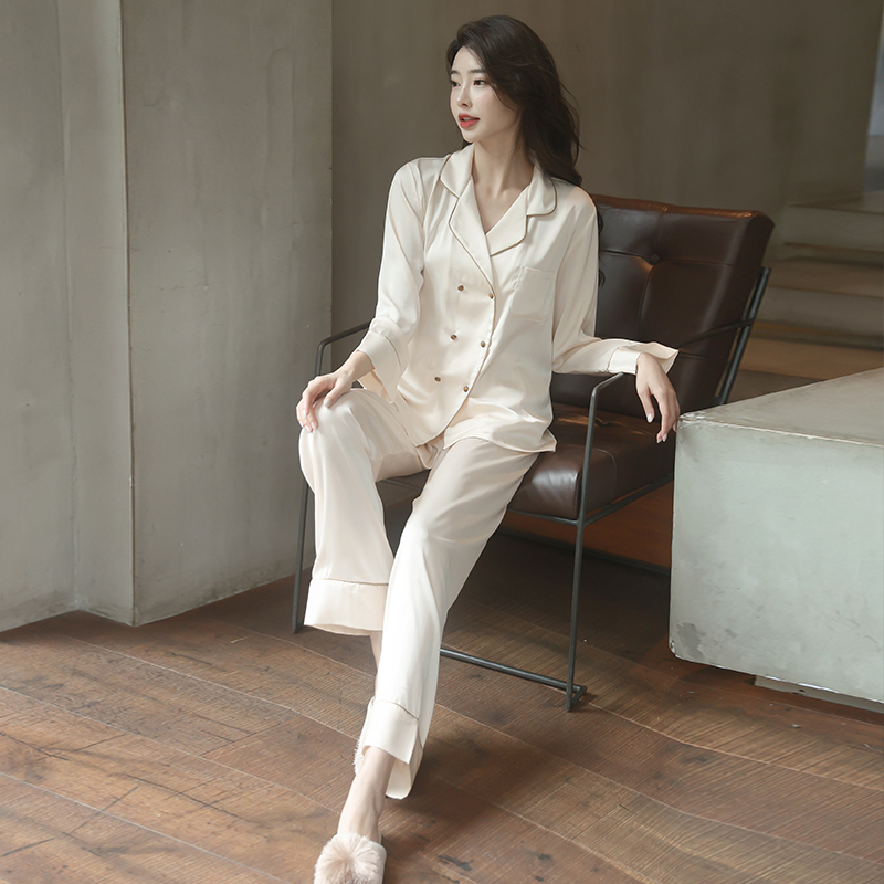 睡衣女春秋季冰丝长袖法式简约气质风薄款高级感家居服套装缎面