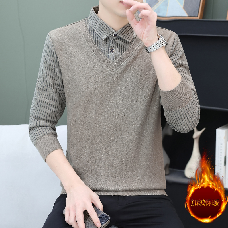 依值淘秋冬季男士假两件针织开衫百搭衬衫领长袖高档打底加绒加厚