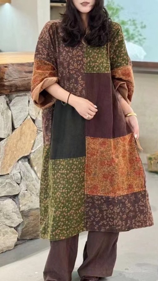 复古亚麻拼色袍子