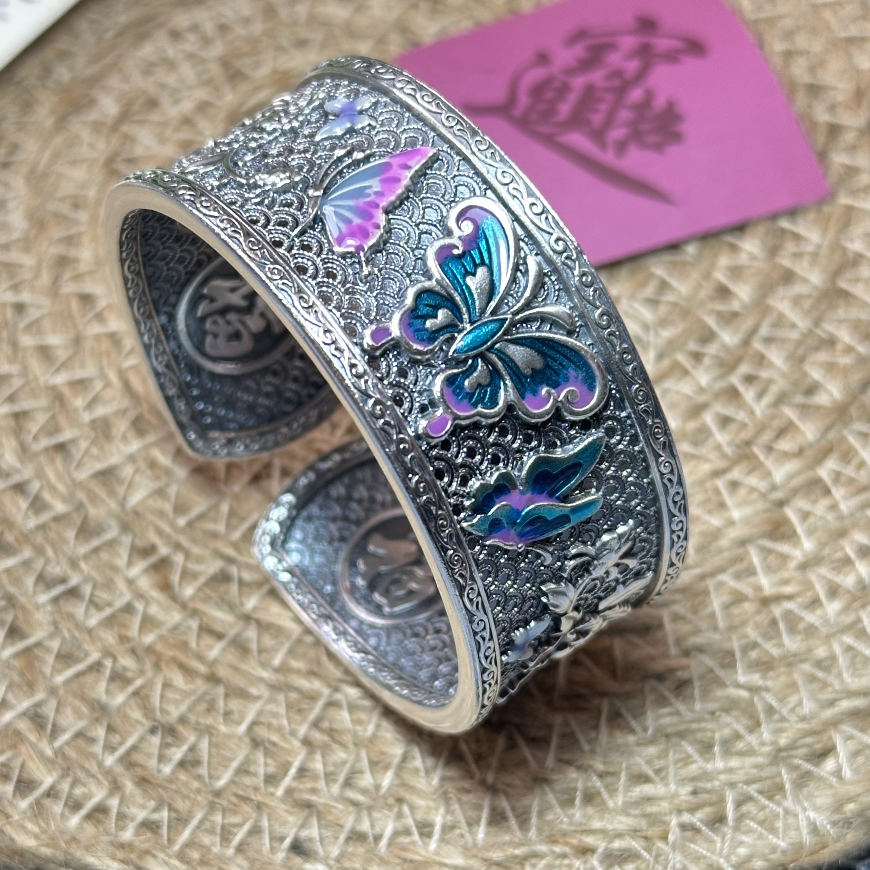 足银手镯 多彩蝴蝶珐琅做旧 足银999.9 开口手镯