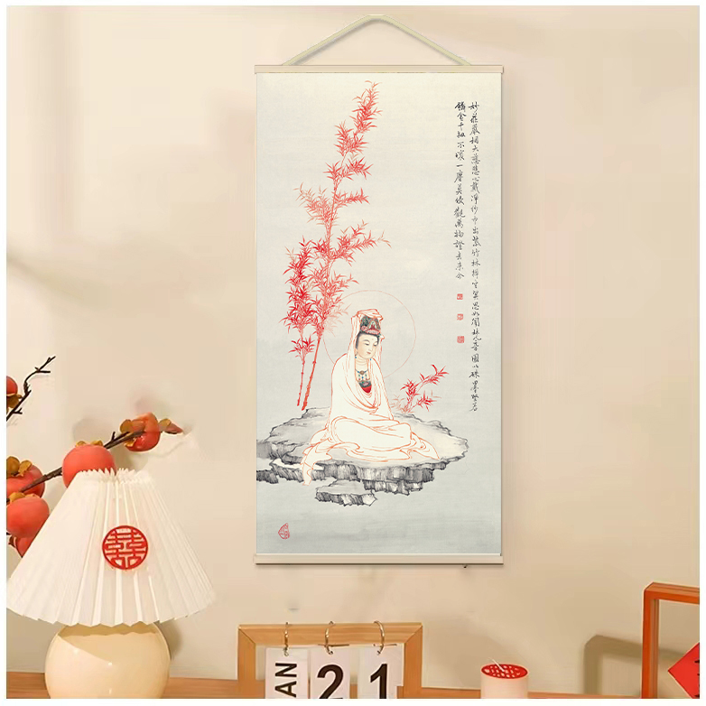 新中式装饰画【019 红叶观音】无纺布实木边家居艺术精品