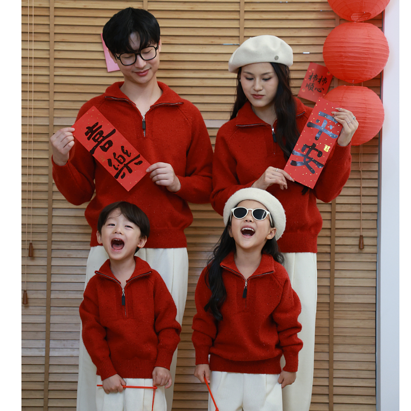 亲子装一家四口中国风红色2025加厚秋冬毛衣母女情侣拜年服拍照服