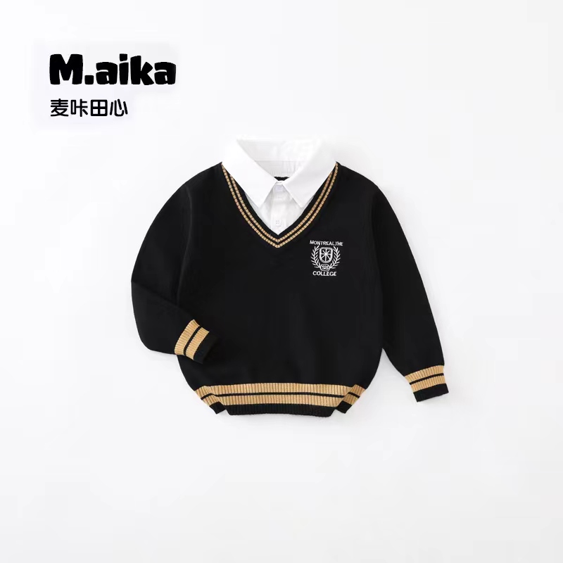 2024儿童Y01春秋款假两件针织毛衣学院风洋气上衣春秋款长袖男童