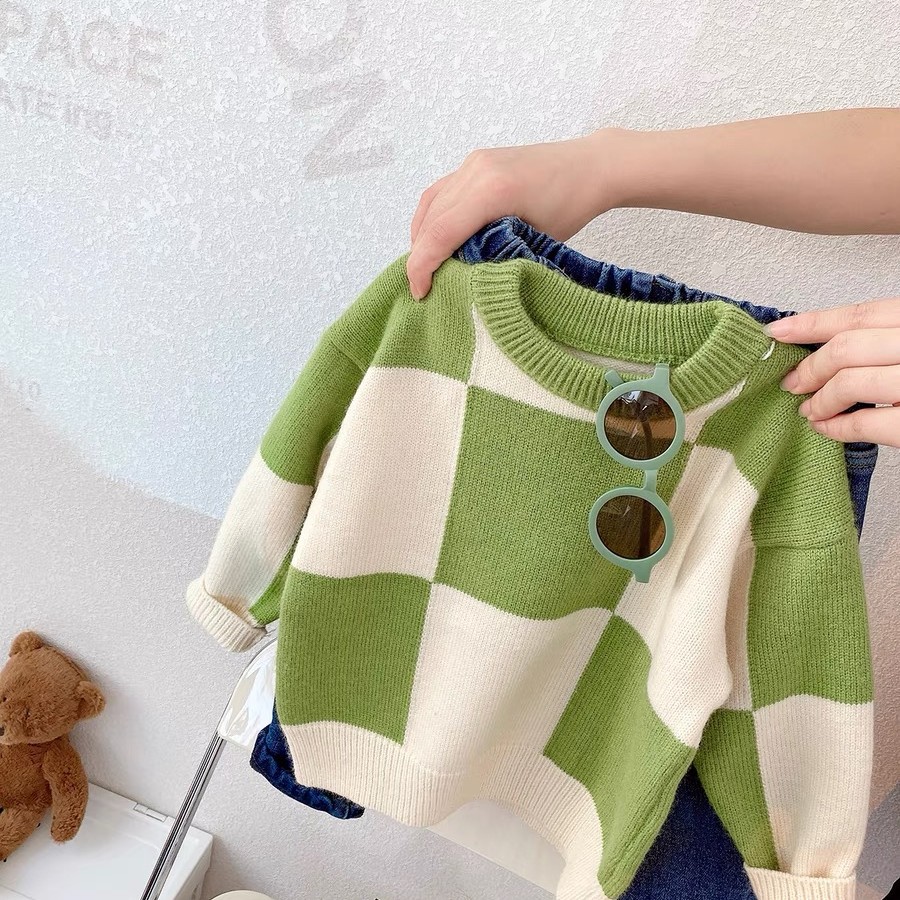 2305儿童粗针加厚棋盘格针织毛衣宝宝套头秋冬洋气圆领格子绿色