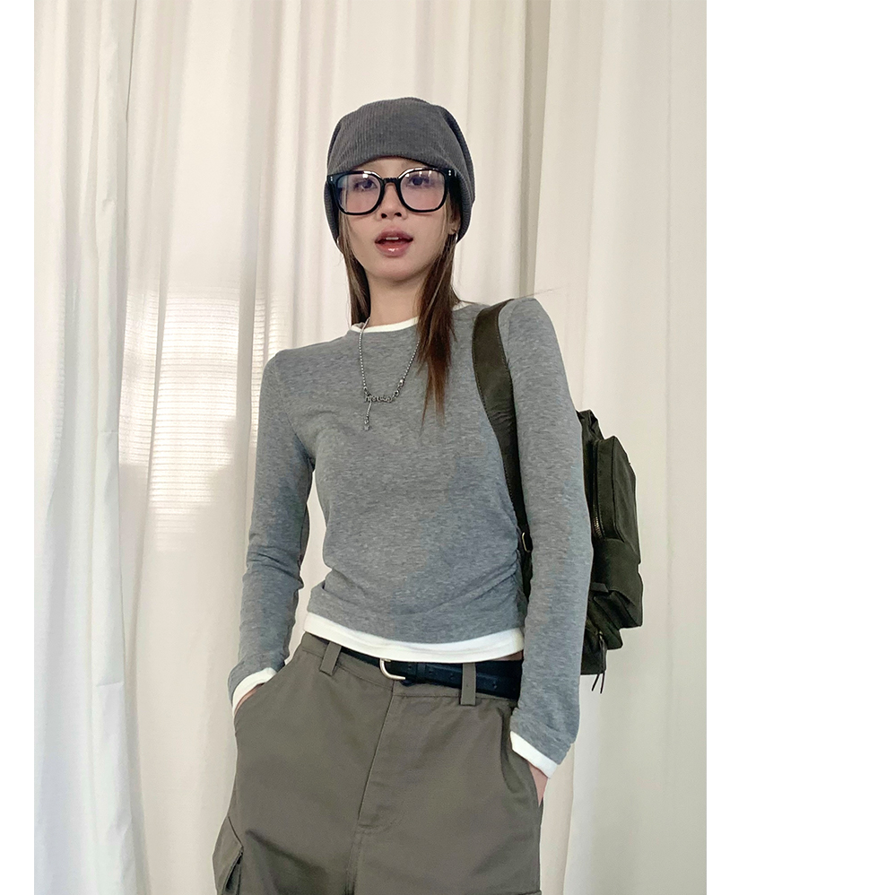 灰色螺纹圆领打底衫女2025年新款春秋长袖T恤内搭拼接假两件上衣