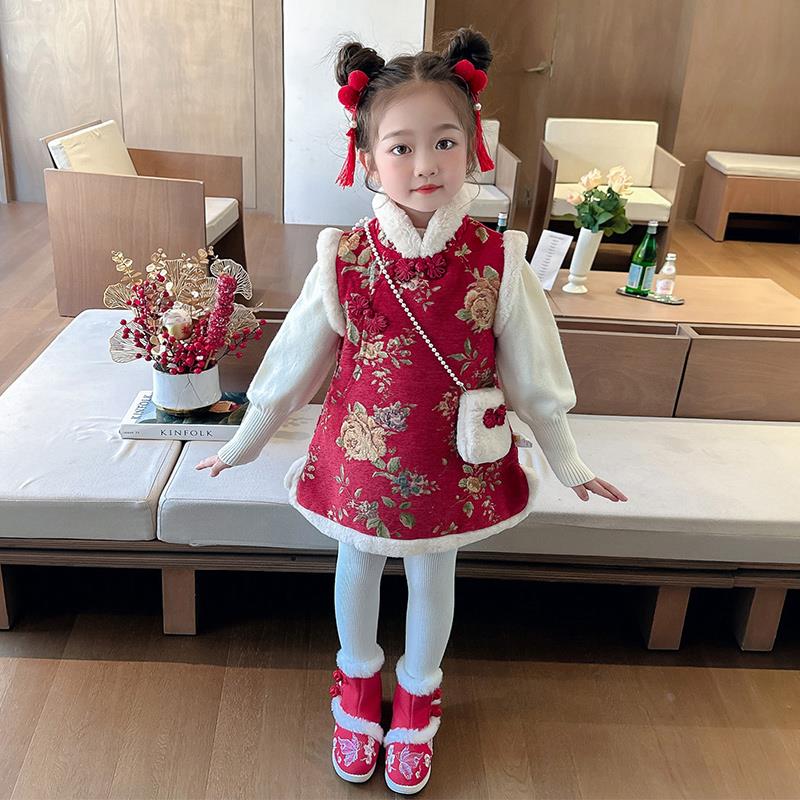 秋冬洋气加厚套装2024新款儿童中式旗袍裙两件套女孩保暖衣服