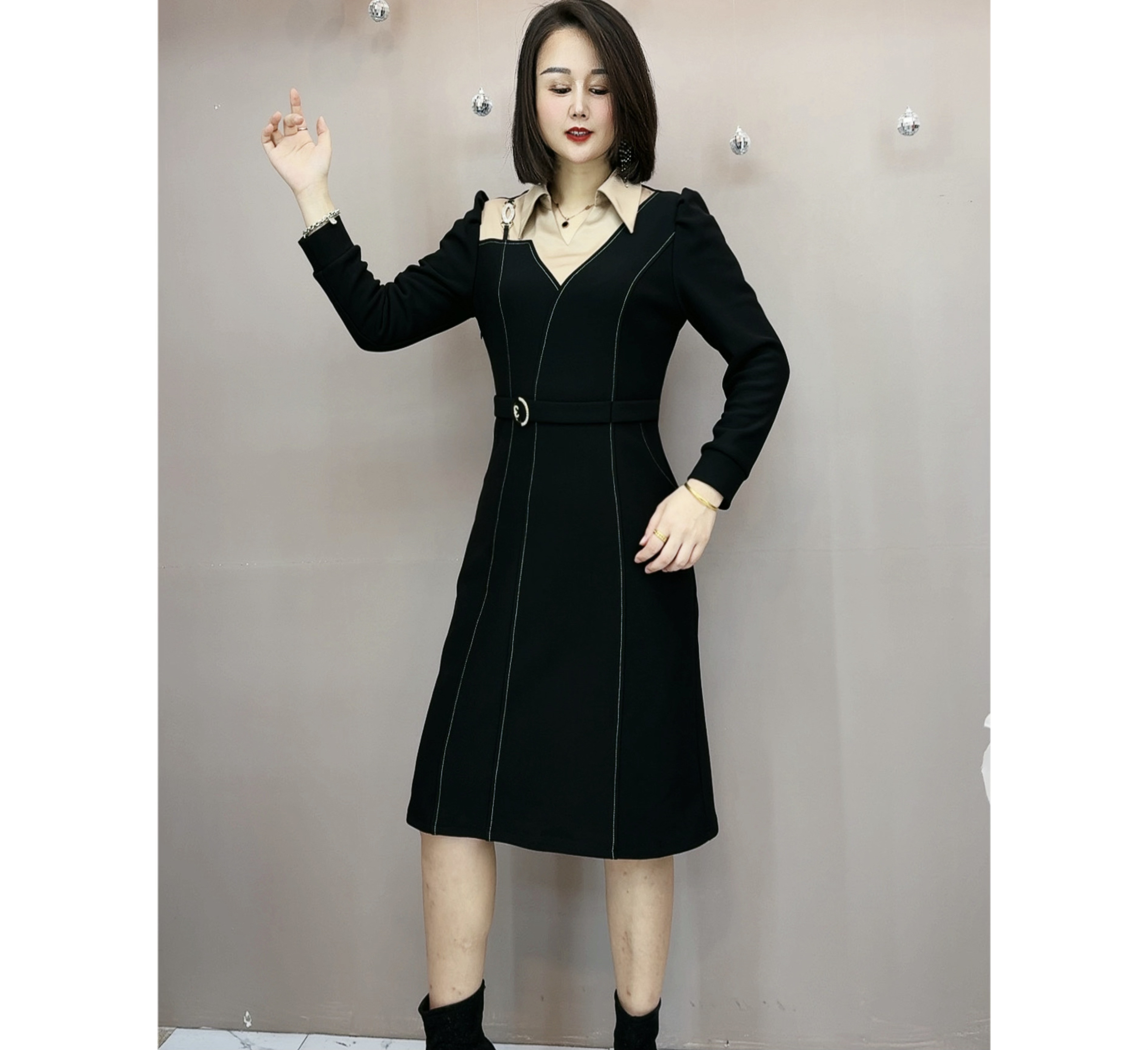 【断码清仓】冬季加绒时尚显瘦连衣裙（有口袋.有拉链.有弹性）6633