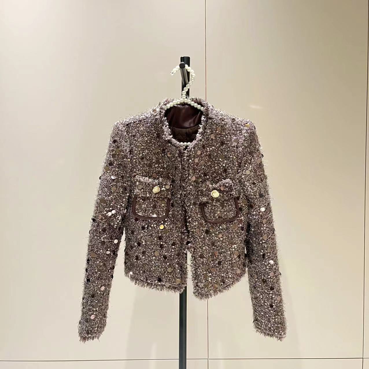 法式气质粗花亮片流苏长袖圆领百搭时尚短外套