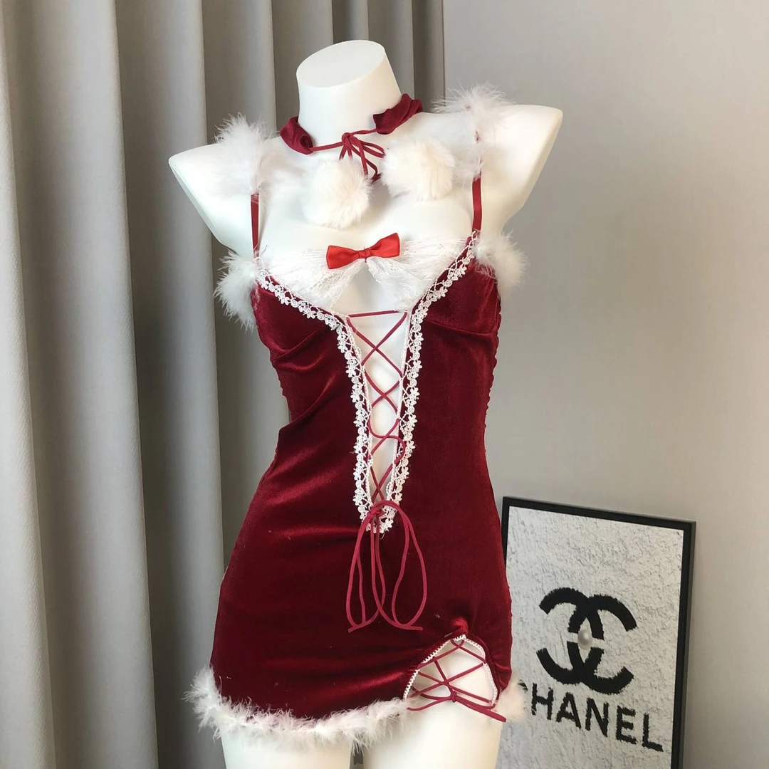 【红色小礼物】性感吊带毛毛边收腰显瘦包臀镂空绑带网纱拼接睡裙