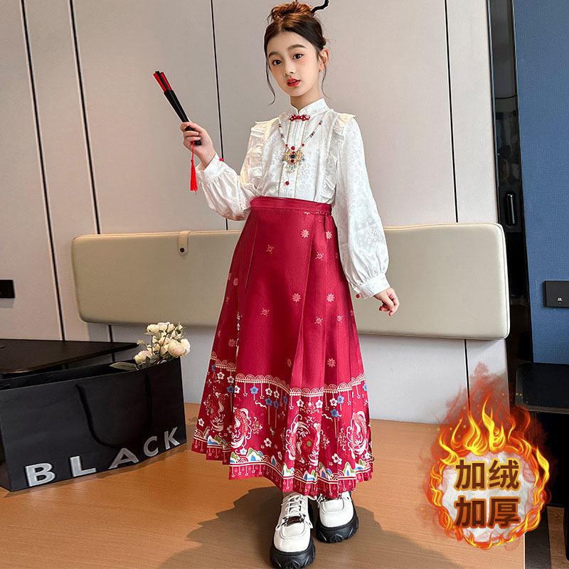 吧啦童装女童中国风马面裙套装2023秋冬新款女孩大童加绒加厚汉服