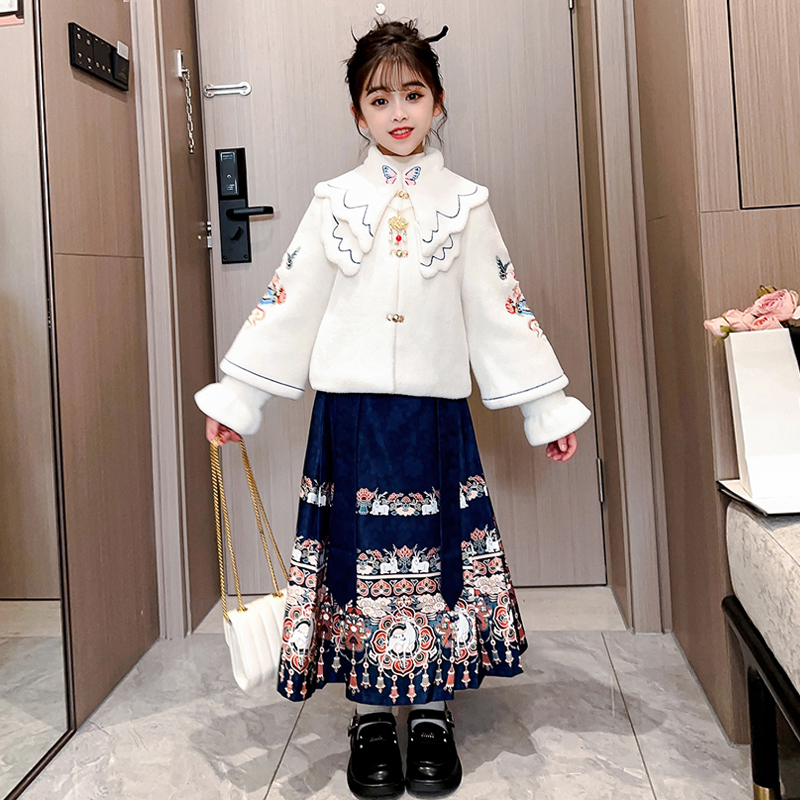 吧啦童装马面裙女童套装2023新款国风加绒加厚儿童汉服秋冬款上衣