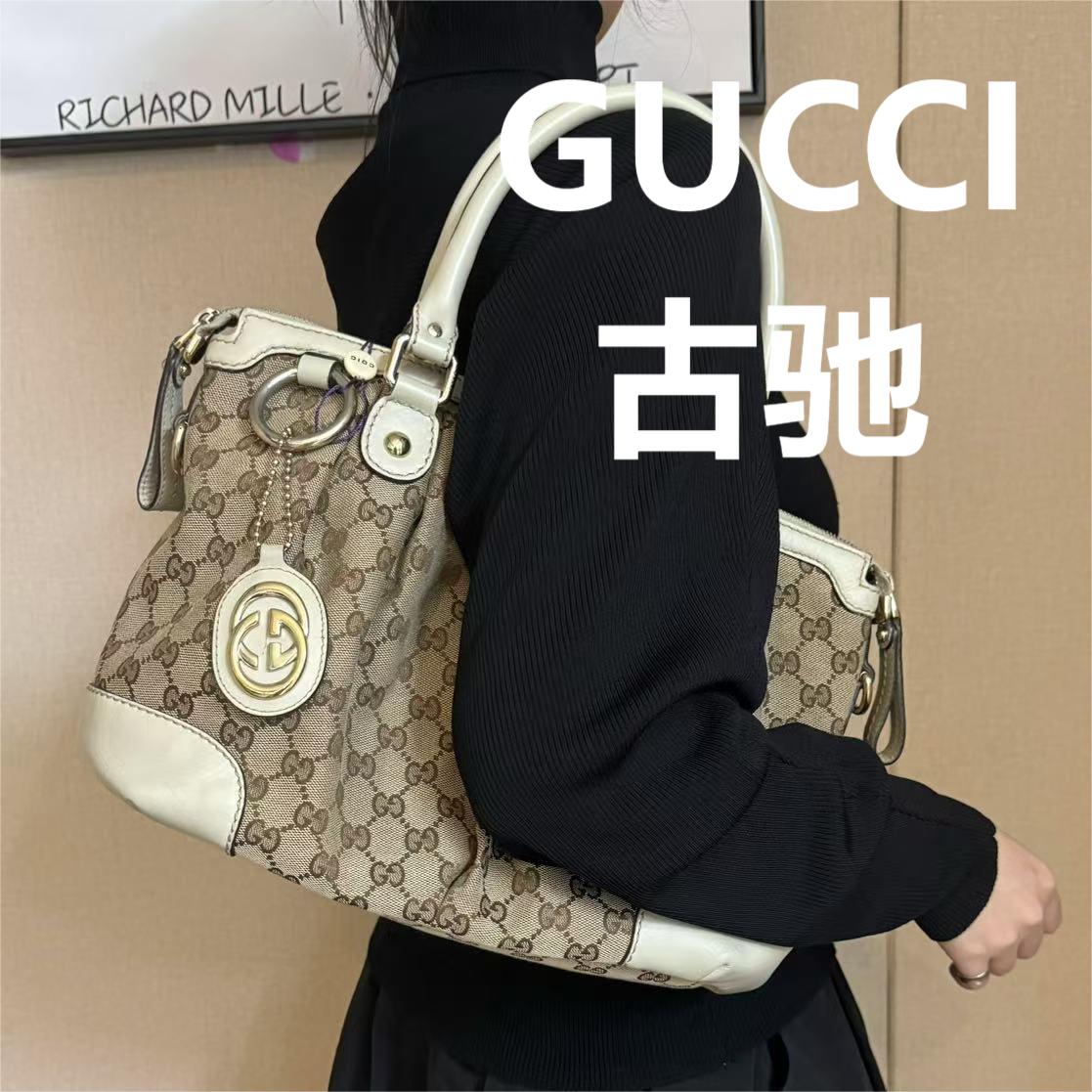 95新 GUCCI/古驰 白边老花手提托特包/甜甜精选/61124顺延