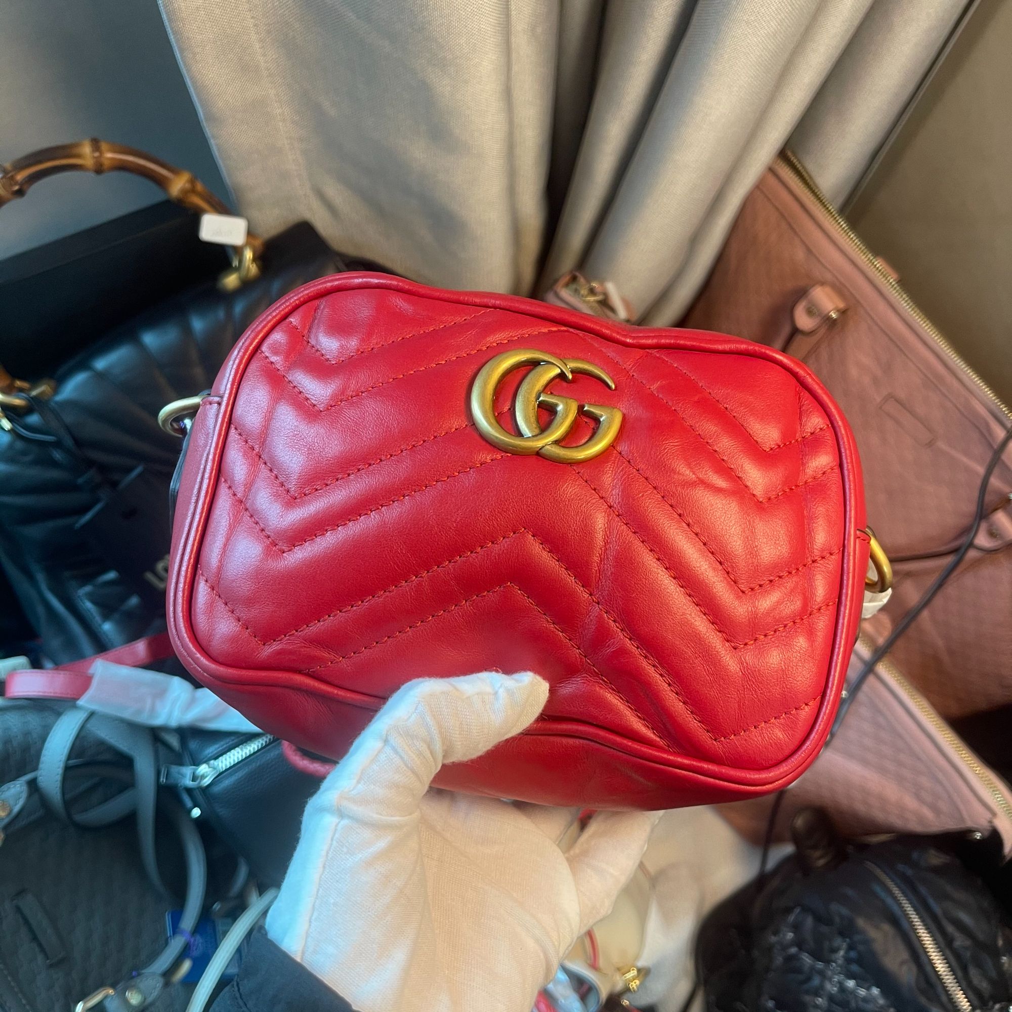 95新 GUCCI/古驰 红色马蒙相机包mini斜挎包/甜甜在包展