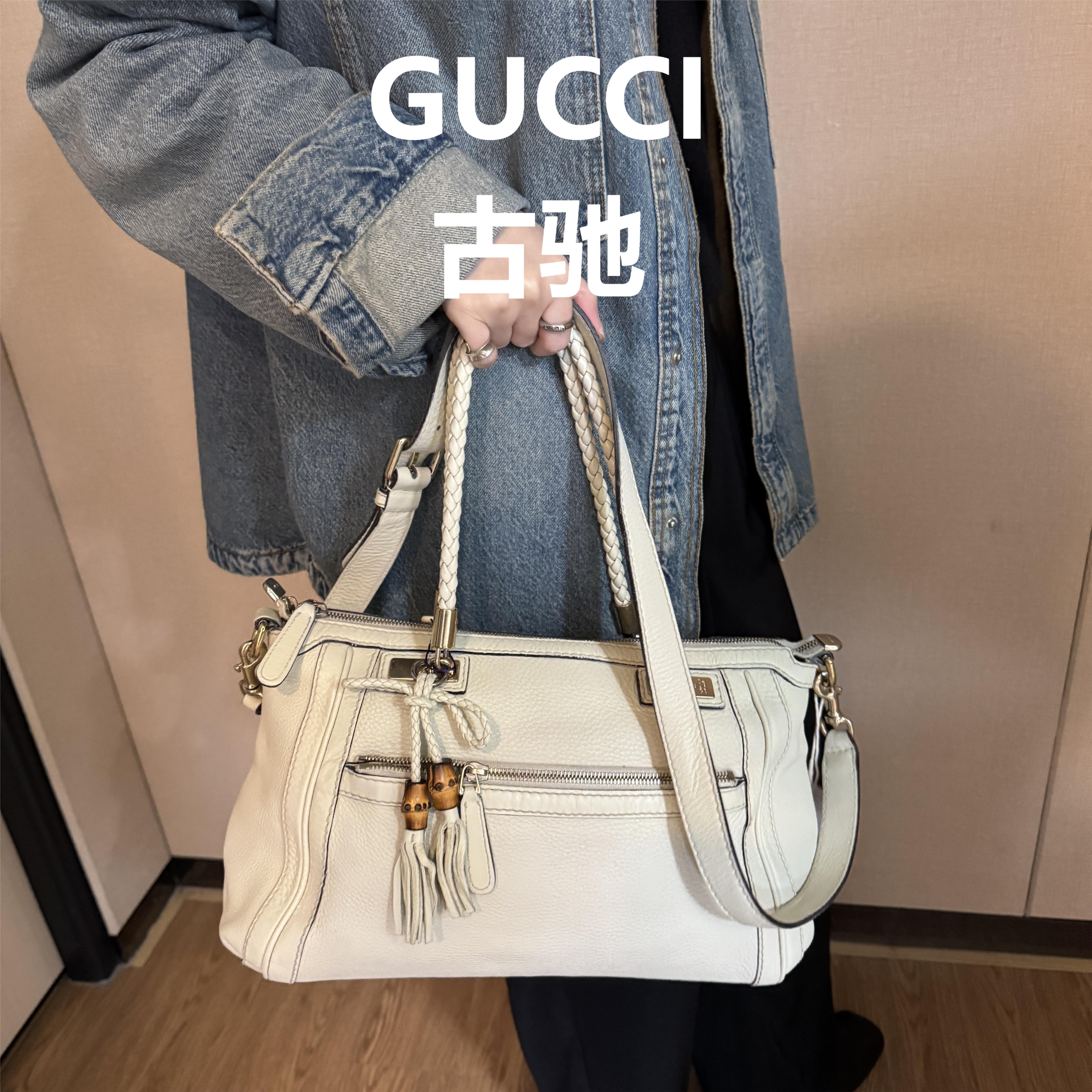 95新 GUCCI/古驰 奶油白竹节手拎tote/云海优选/58367