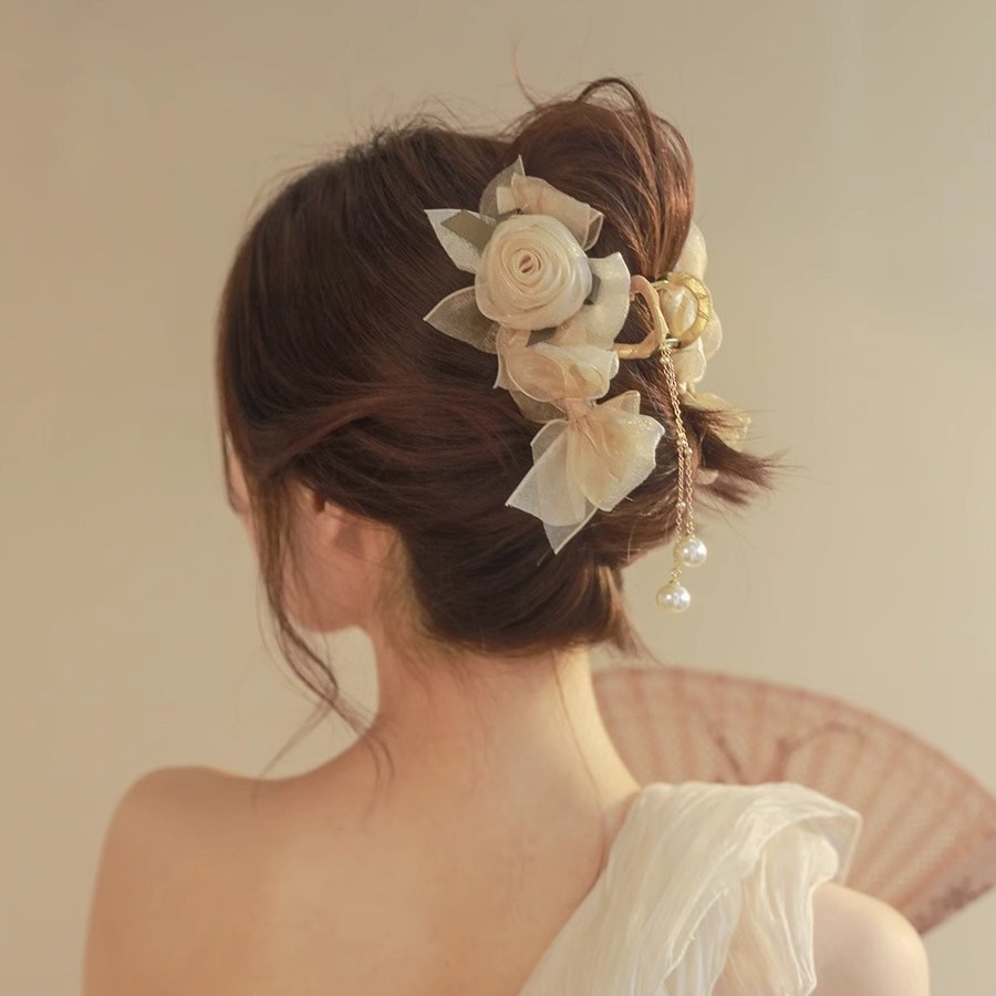 气质超仙网纱花朵蝴蝶结发抓夹高级感流苏发夹女脑勺鲨鱼夹头饰