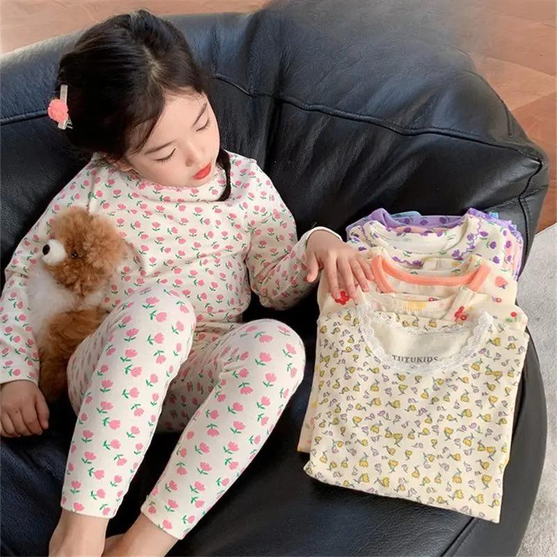 【杨】0秋冬新款童碎花睡衣儿童保暖内衣套装长袖两件套