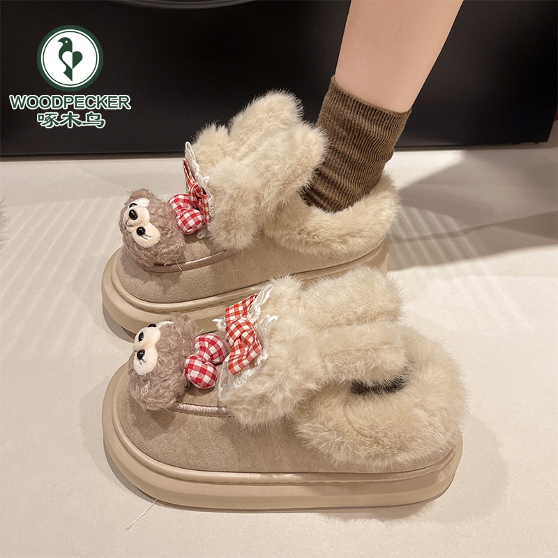 啄木鸟可爱雪莉玫毛毛棉鞋女2024冬季新款厚底加绒防滑保暖雪地靴