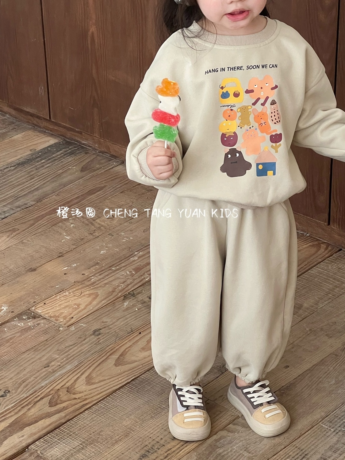 宝宝加绒套装冬季2023新款卡通印花套头圆领卫衣卫裤加厚两件儿童